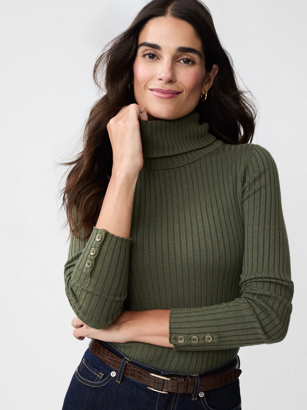 J Mclaughlin Arlette Turtleneck in Olive Green Ribbed Stretch Soft Neutral